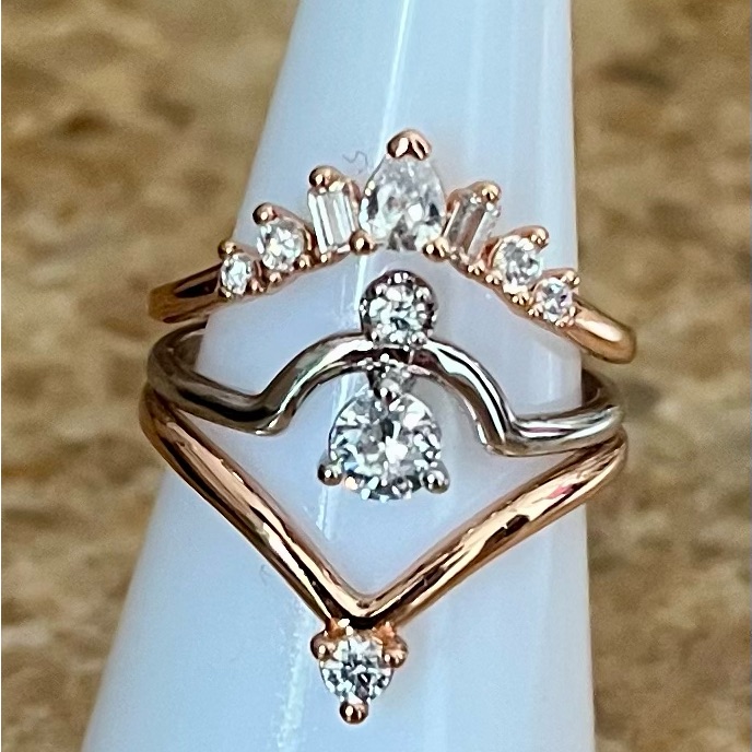 Stackable Chevron Ring Trio In Rose Gold And Silver With Clear Stones